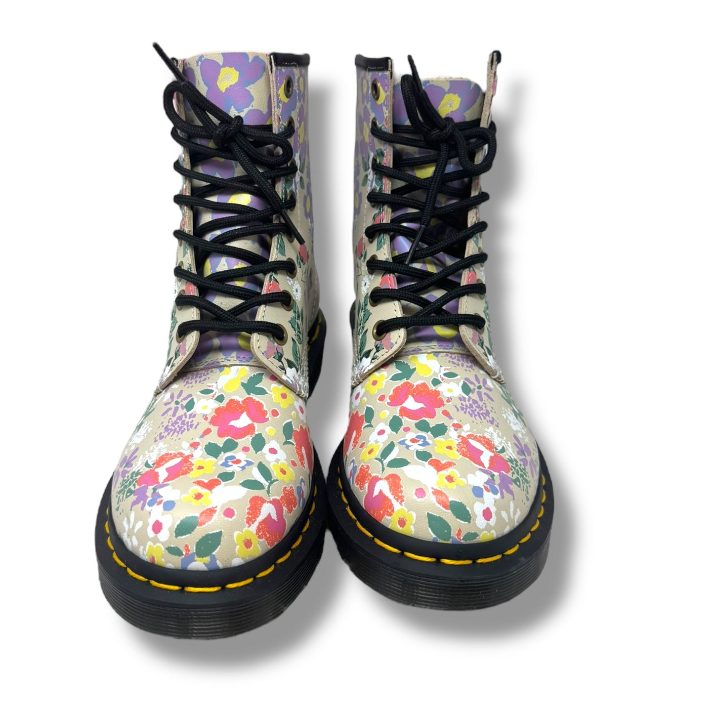 1460 Floral Mash Up Leather Lace Up Boots By Dr Martens In Parchment Beige Floral Print, Size: 6