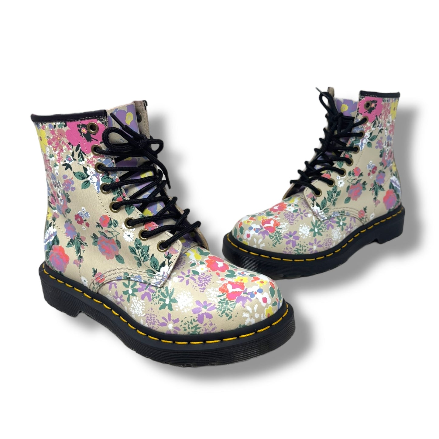 1460 Floral Mash Up Leather Lace Up Boots By Dr Martens In Parchment Beige Floral Print, Size: 6