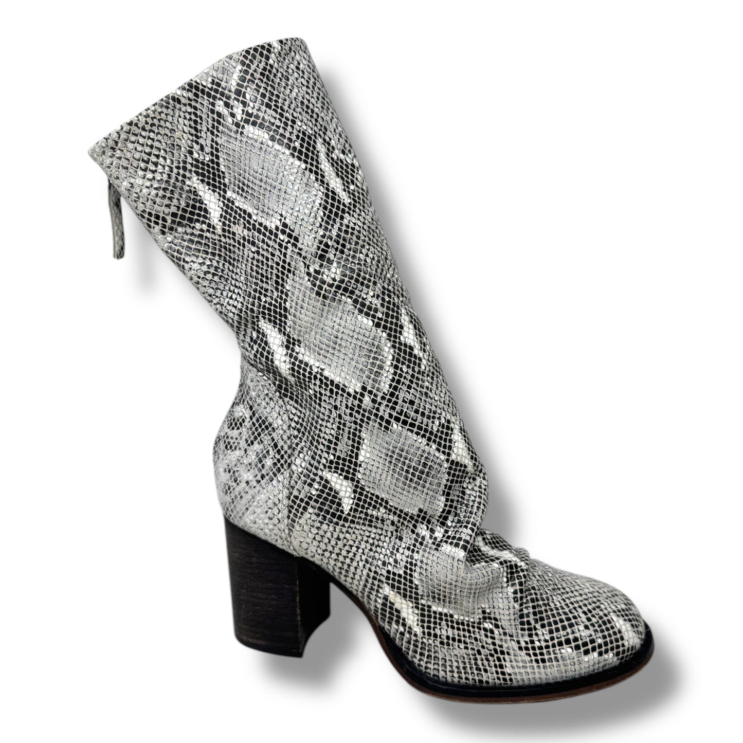 Elle Block Heel Leather Boot By Free People In Black & White Snake, Size: 10