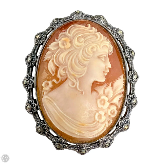 Vintage Sterling Silver & Marcasite Lady & Roses Carved Shell Cameo Brooch Pin By Unbranded