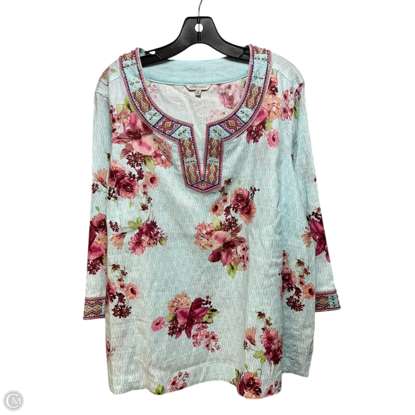 Linen Blend Floral Print Embroidered Beaded Split V-Neck 3/4 Sleeve Hi-Low Hem Tunic By John Mark In Blue, Size: 1X