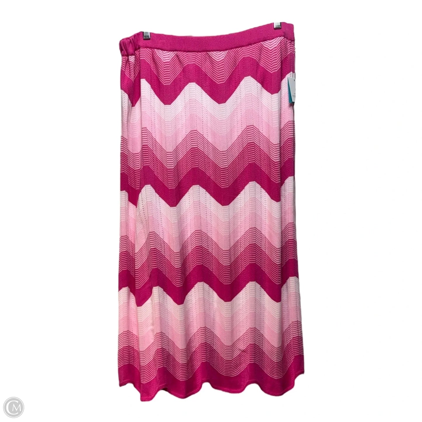 Ombre Chevron Jacquard Knit Scalloped Hem Coordinating A-Line Midi Skirt By Ming Wang In Pink, Size: L