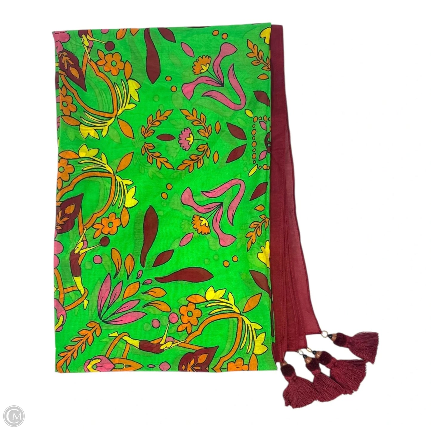 Cotton & Silk Tassel Folk Art Printed Pareo Designer By Tory Burch In Green Splash, Size: Osfm