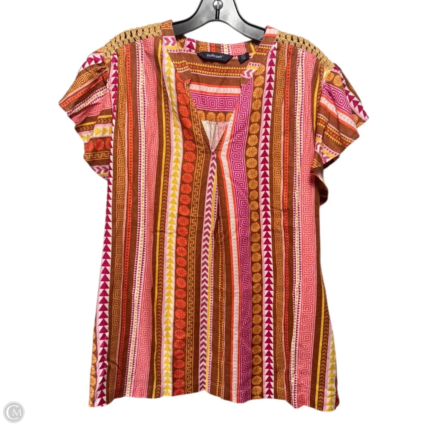 Linen Blend Top Short Sleeve By Studio Park In Multi-colored, Size: 2x