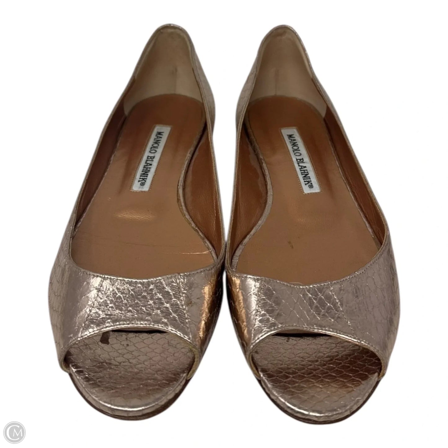 Metallic Snakeskin Peep Toe Block Heel Shoes Luxury Designer By Manolo Blahnik In Rose Gold, Size: 7 (IT 37)