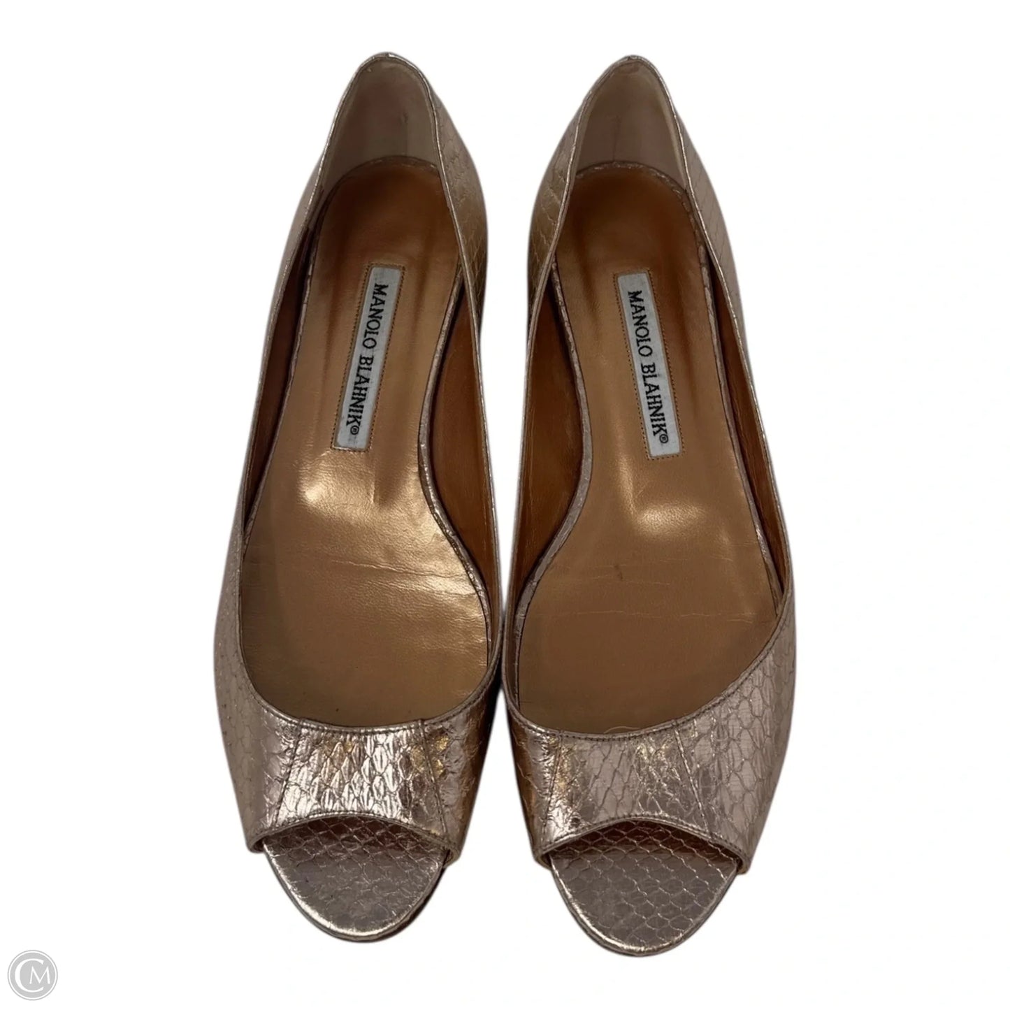 Metallic Snakeskin Peep Toe Block Heel Shoes Luxury Designer By Manolo Blahnik In Rose Gold, Size: 7 (IT 37)