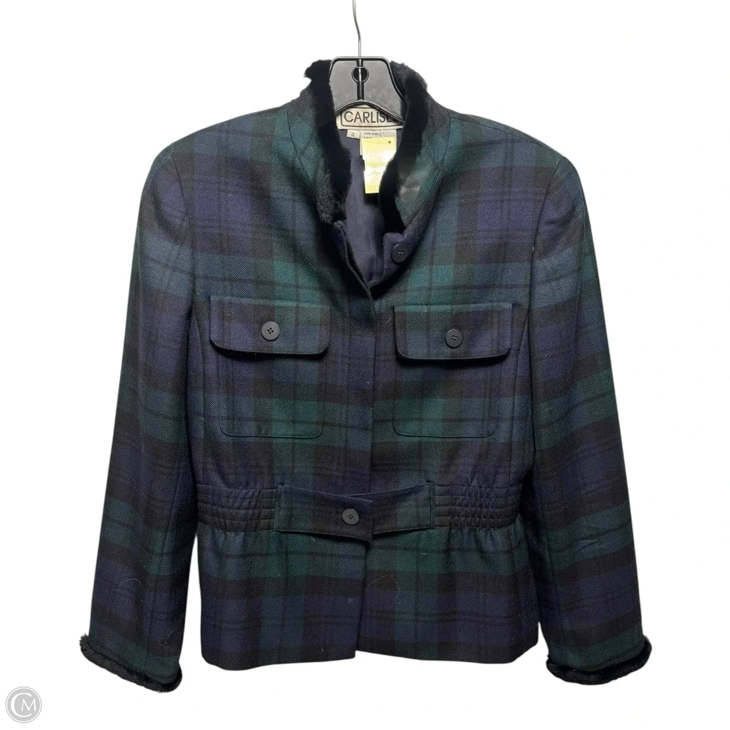 Vintage Faux Fur Trim Wool Jacket By Carlisle In Plaid Pattern, Size: 4