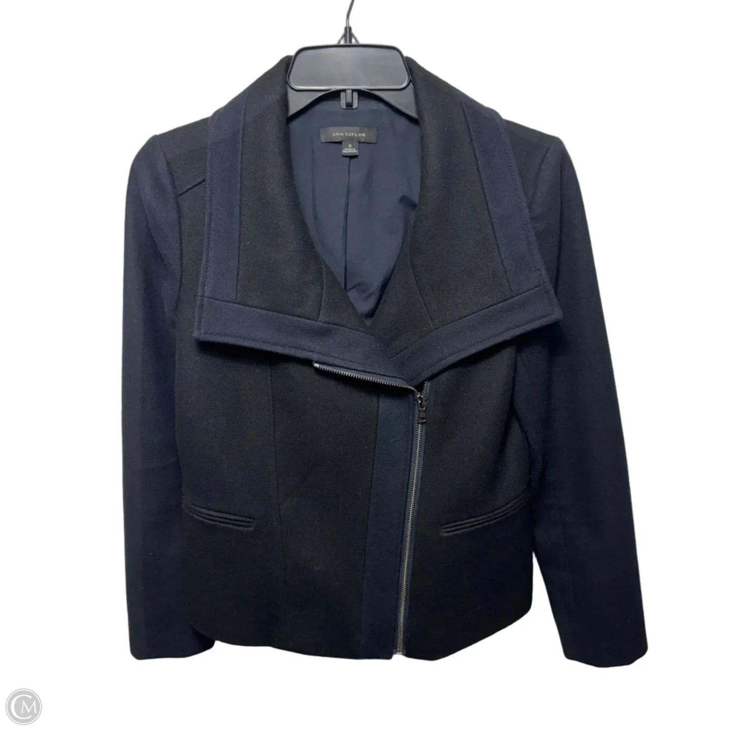 Wool Blend Jacket Moto By Ann Taylor In Black & Blue, Size: 0