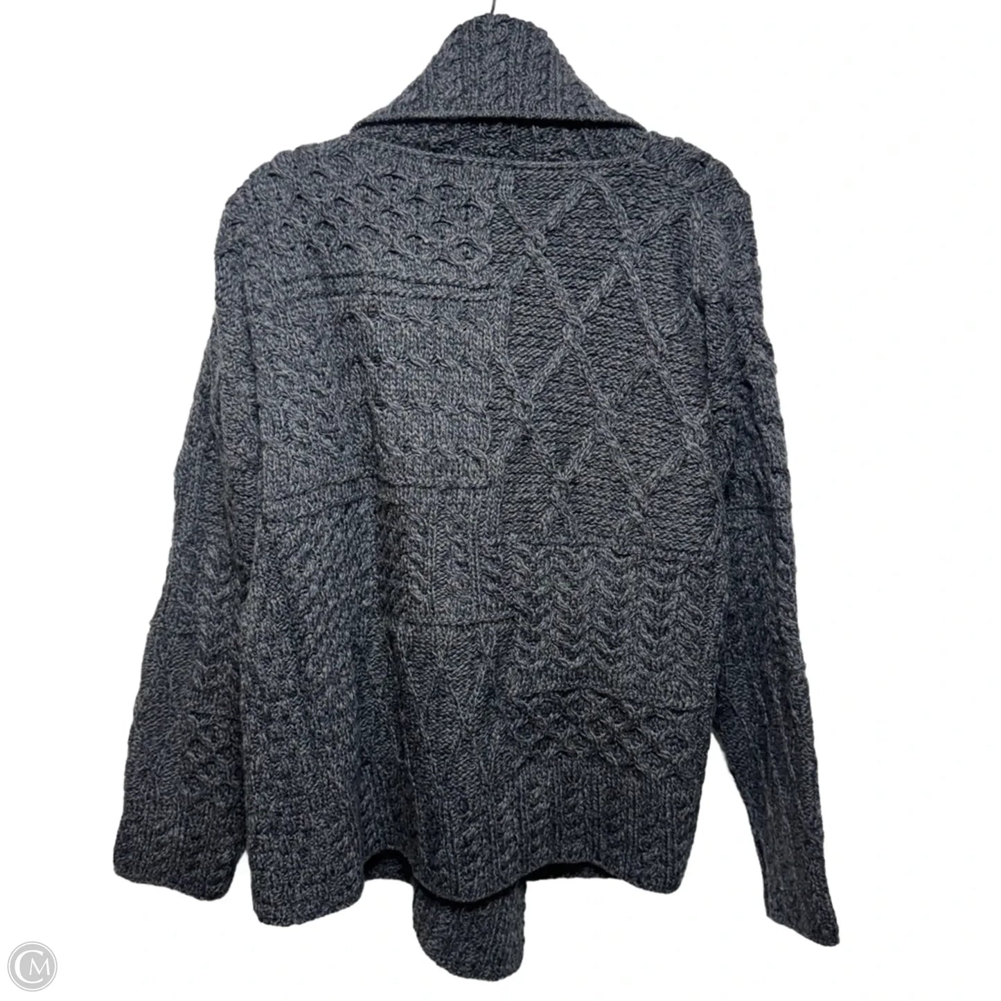 Merino Wool One Button Patchwork Cardigan Sweater with Collar By Carraigdon In Grey, Size: L