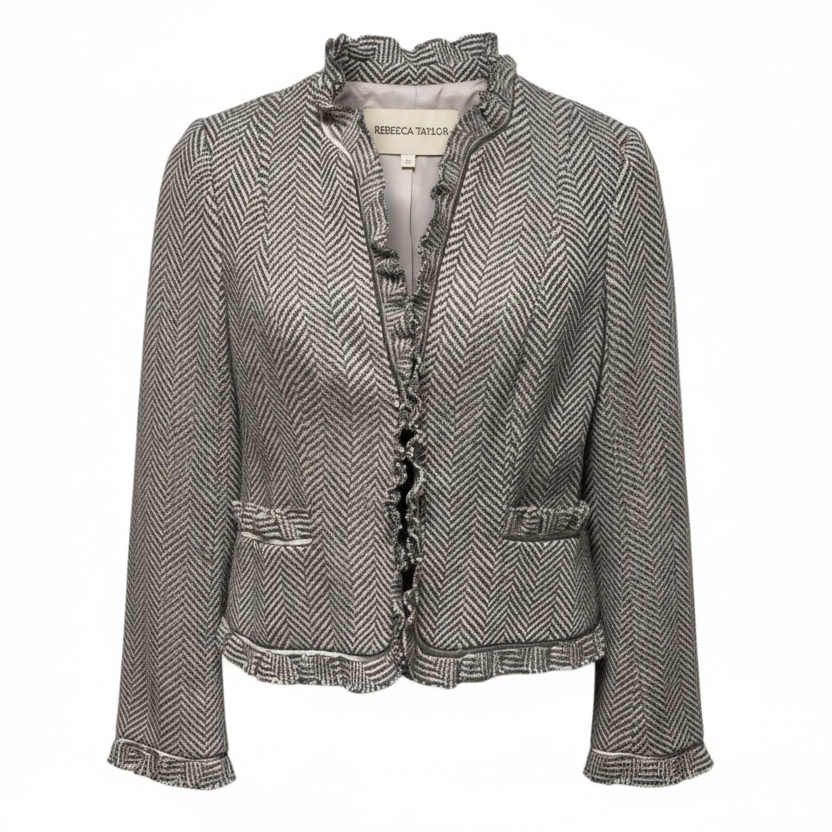 Vintage Y2K Silk Trim Wool Blend Herringbone Tweed Jacket By Rebecca Taylor In Grey & Pink, Size: 4