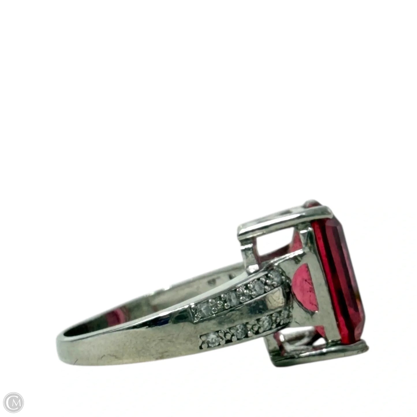 Sterling Silver, Emerald Cut Red Tourmaline & CZ Cocktail Ring, Size: 9