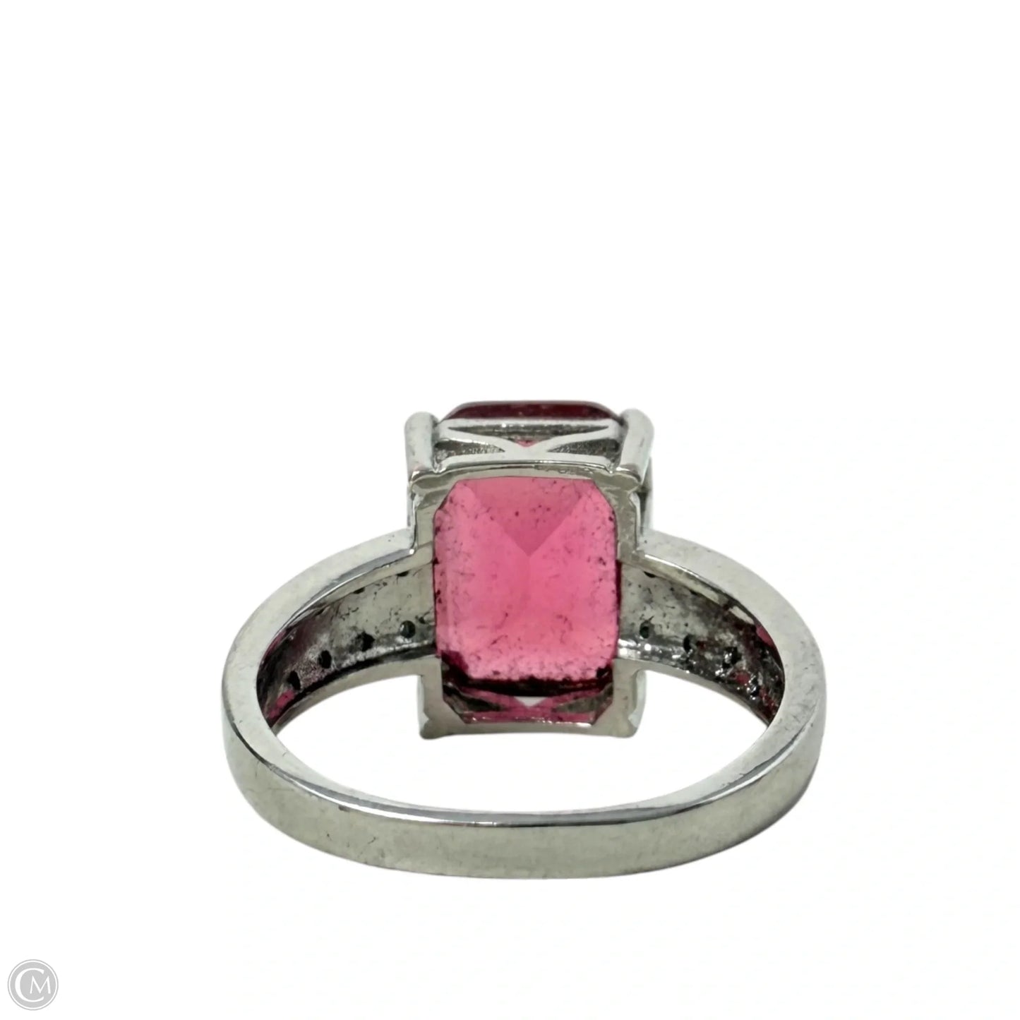 Sterling Silver, Emerald Cut Red Tourmaline & CZ Cocktail Ring, Size: 9