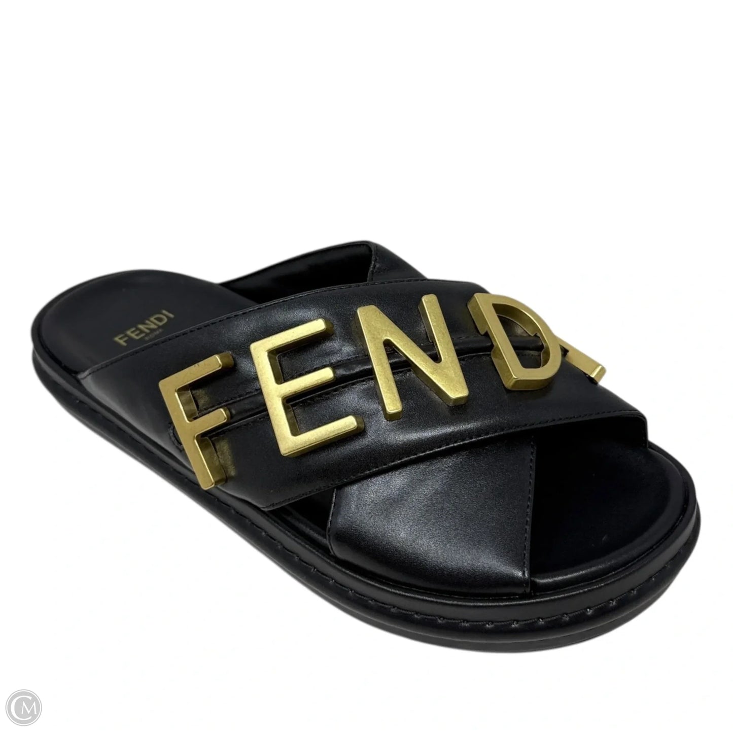 Vitello Fendigraphy Slide Sandals Luxury Designer By Fendi In Black & Gold, Size: US 7 (IT 37)