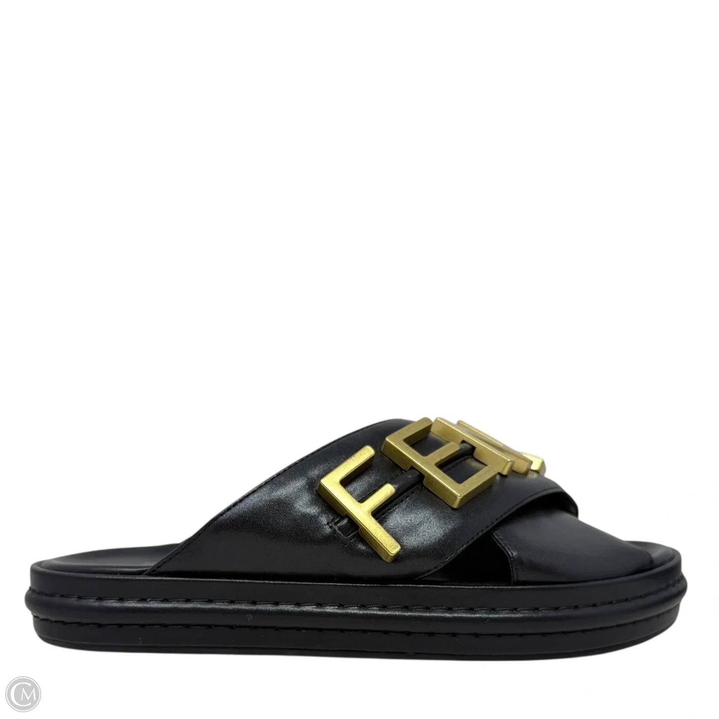 Vitello Fendigraphy Slide Sandals Luxury Designer By Fendi In Black & Gold, Size: US 7 (IT 37)