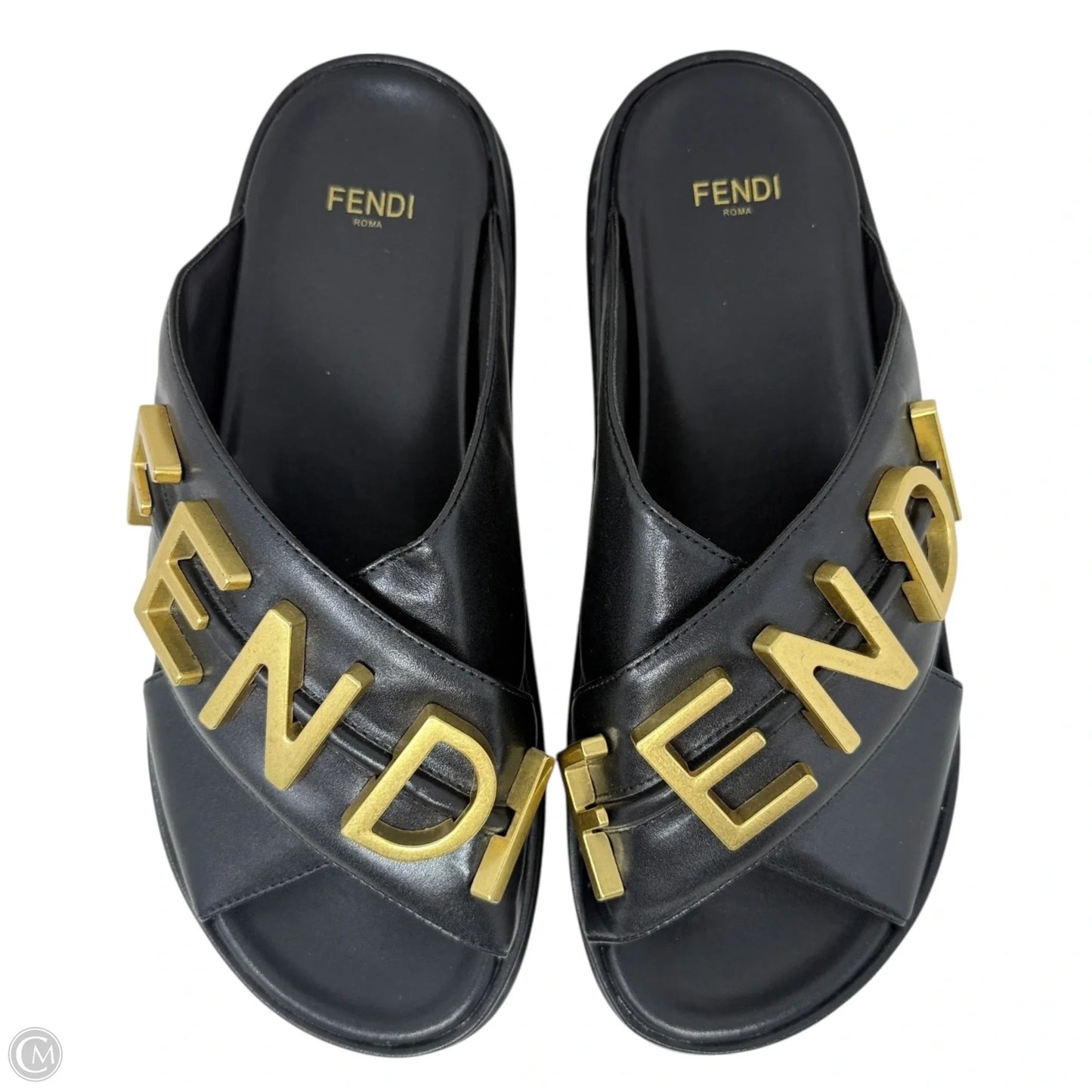 Vitello Fendigraphy Slide Sandals Luxury Designer By Fendi In Black & Gold, Size: US 7 (IT 37)