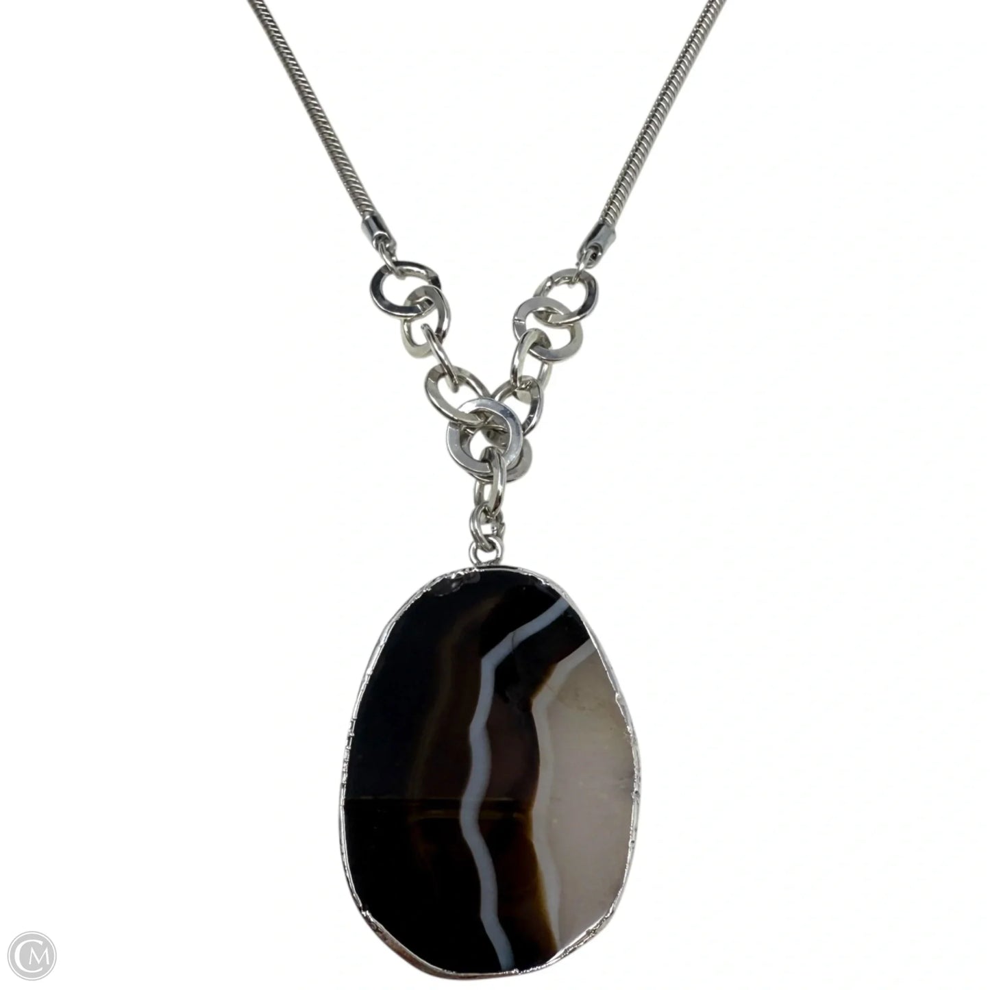 Long Silver Tone Chain Necklace With Agate Pendant By Clothes Mentor