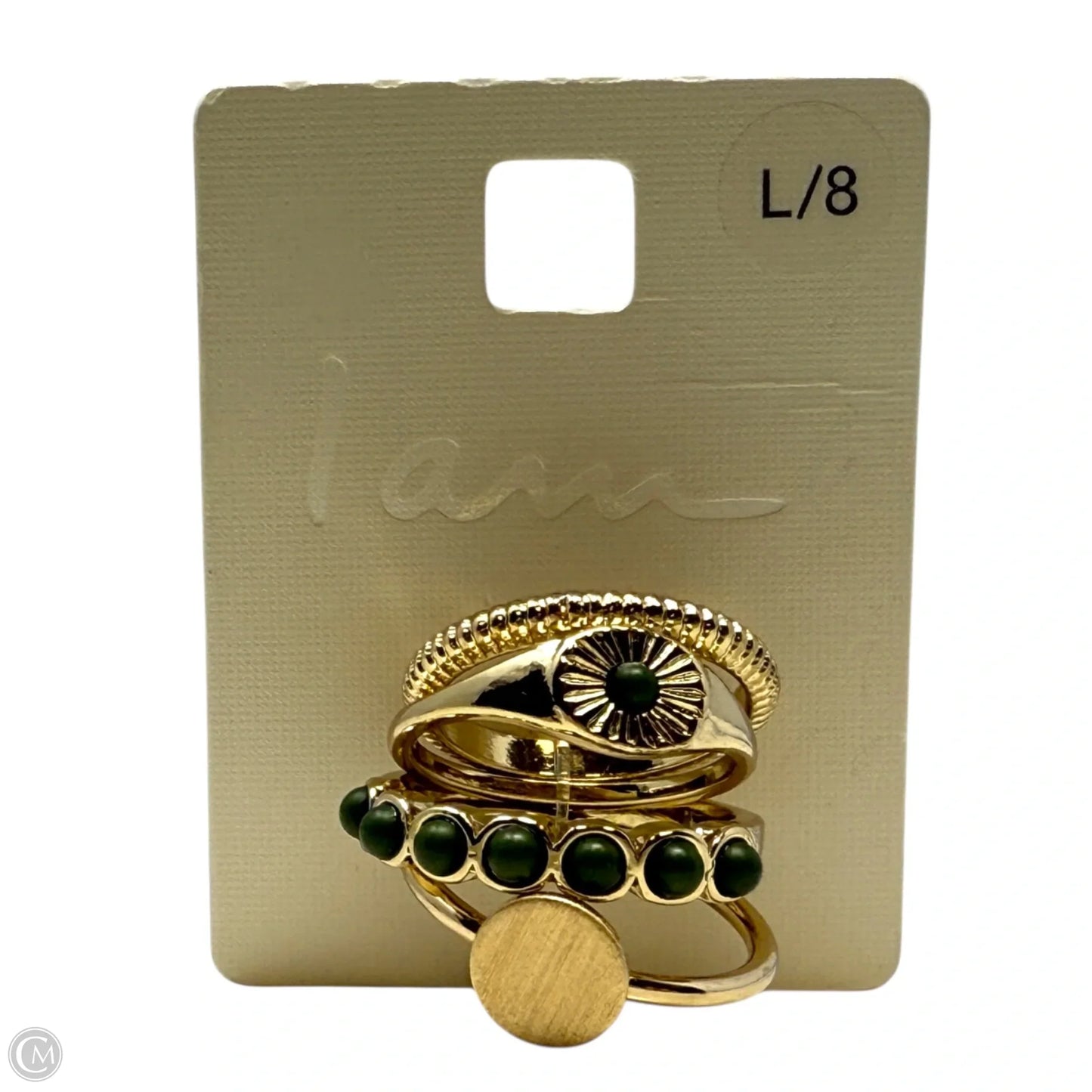 Gold Tone & Green Stone Stackable Ring Set By Iam , Size: 8
