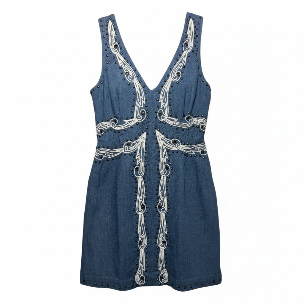 Soft Denim Mini Dress with embroidery and brass beading By Anthropologie In Blue Denim, Size: 4 Petite