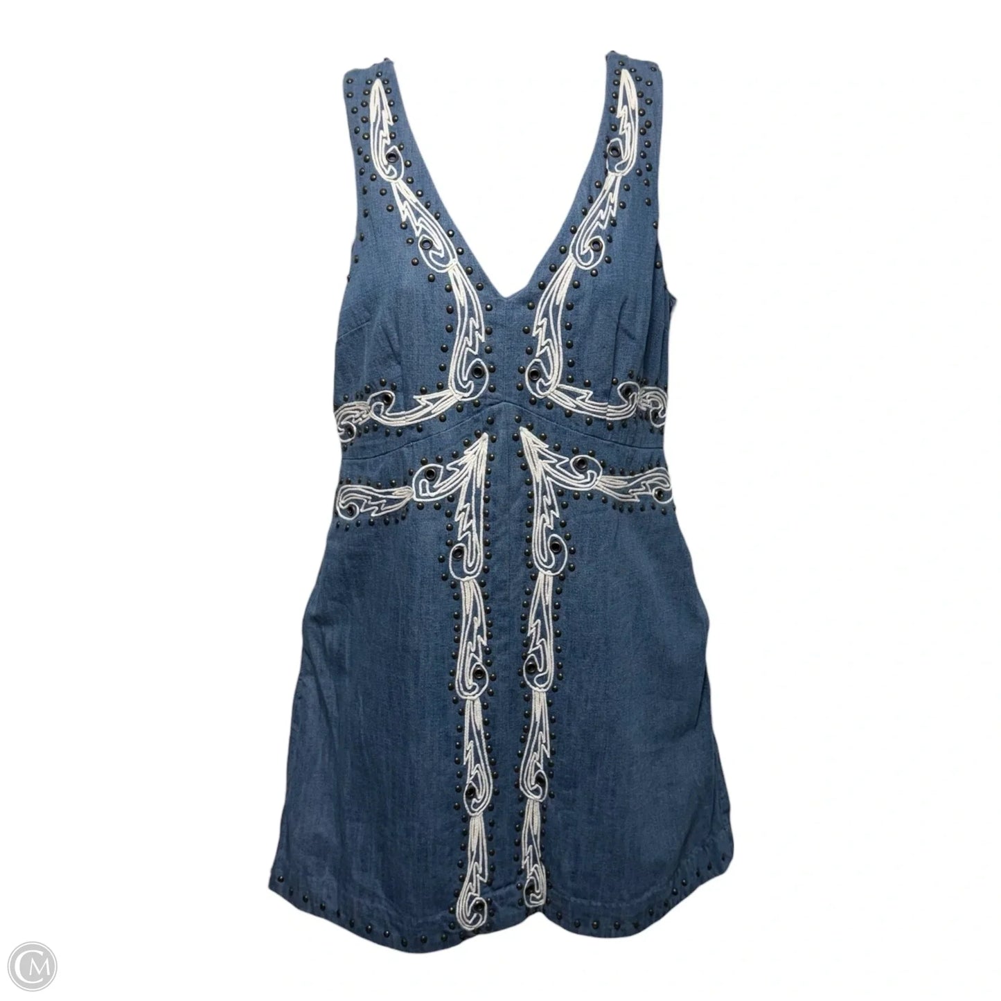 Soft Denim Mini Dress with embroidery and brass beading By Anthropologie In Blue Denim, Size: 4 Petite