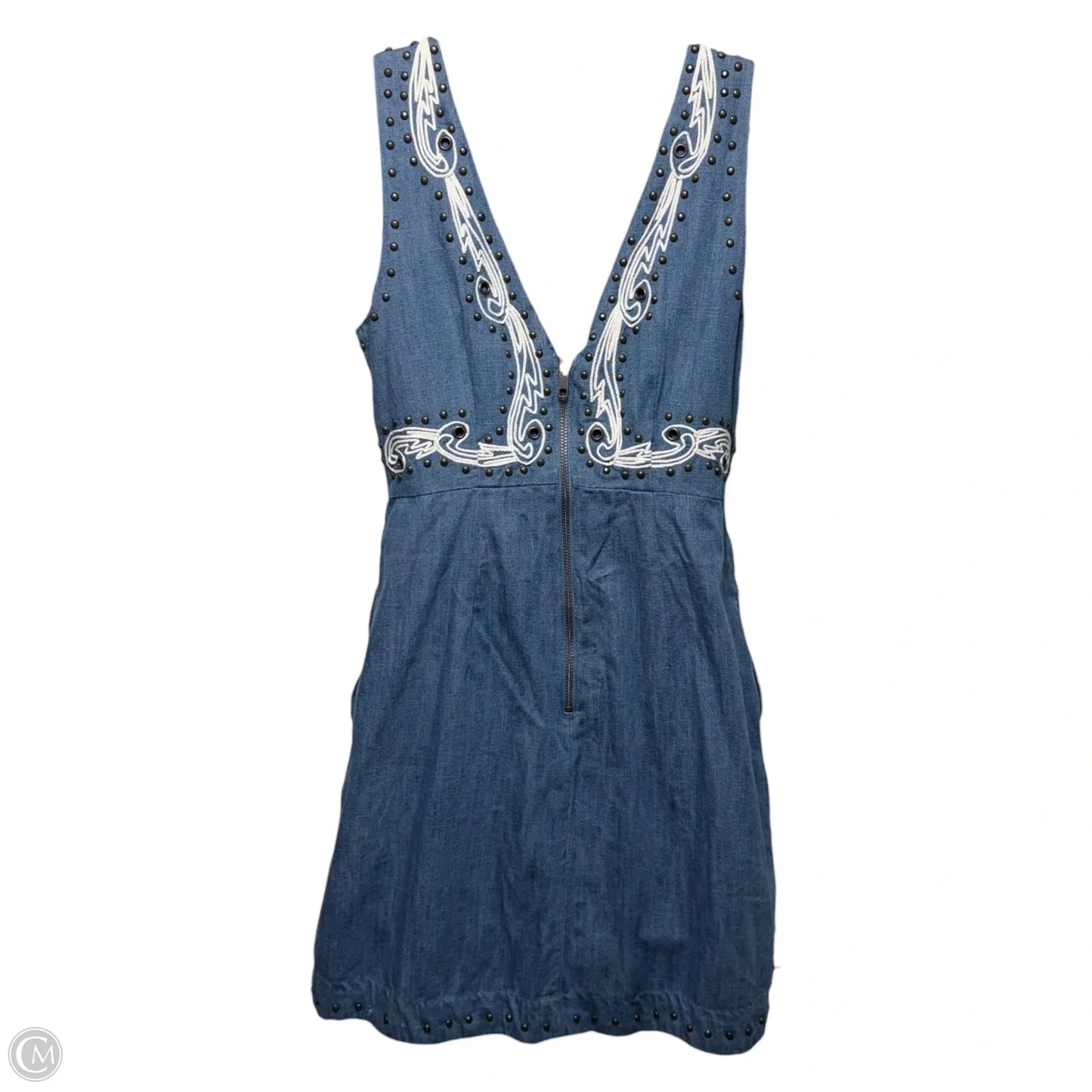 Soft Denim Mini Dress with embroidery and brass beading By Anthropologie In Blue Denim, Size: 4 Petite