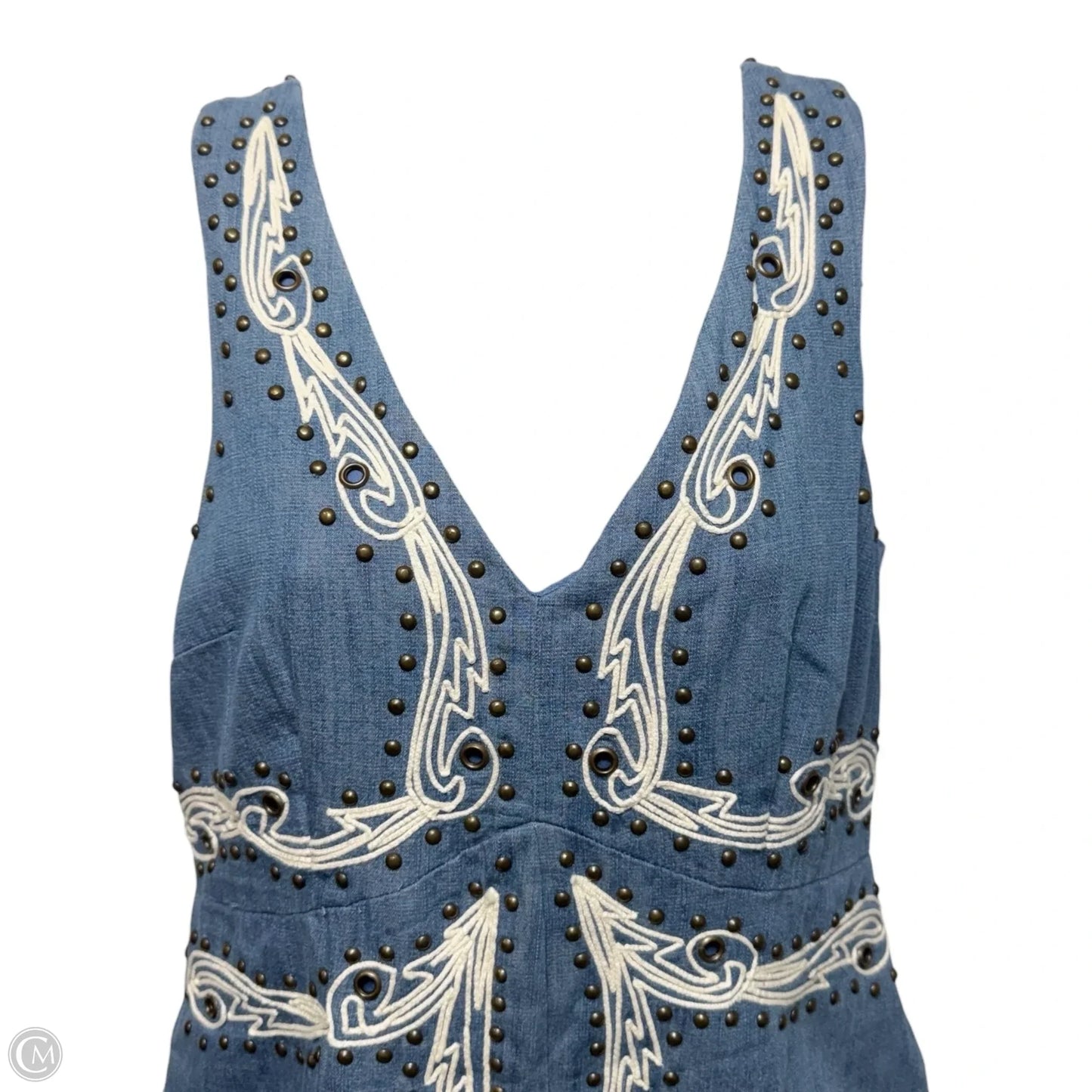 Soft Denim Mini Dress with embroidery and brass beading By Anthropologie In Blue Denim, Size: 4 Petite