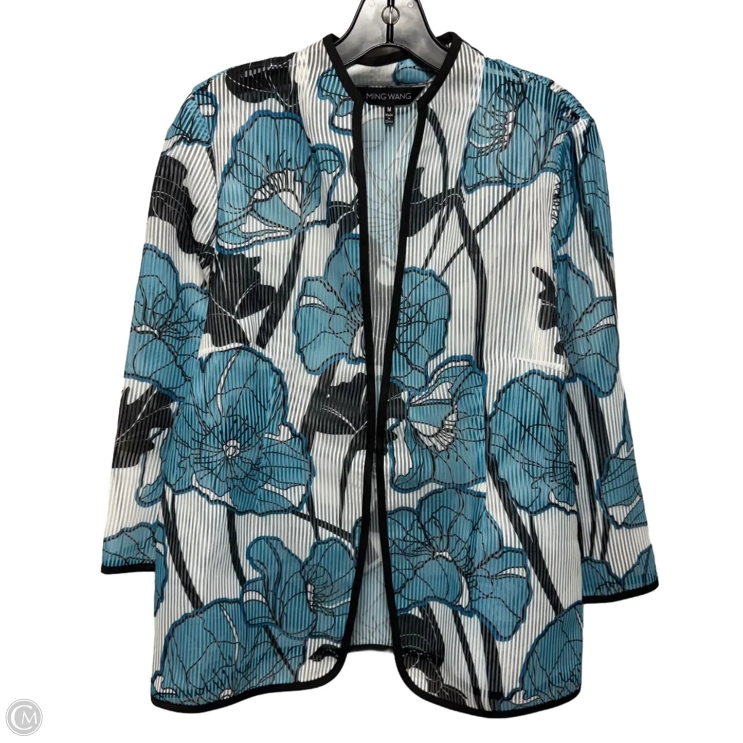 Tailored Semi Sheer Stripe Jacket By Ming Wang In Floral Print, Size: M