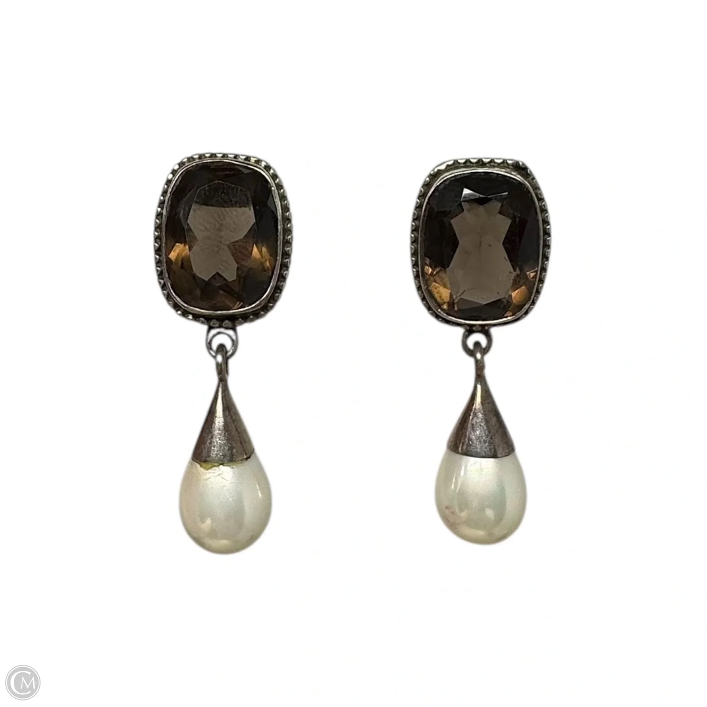 Smokey Quartz & Faux Pearl Drop Sterling Silver Earrings