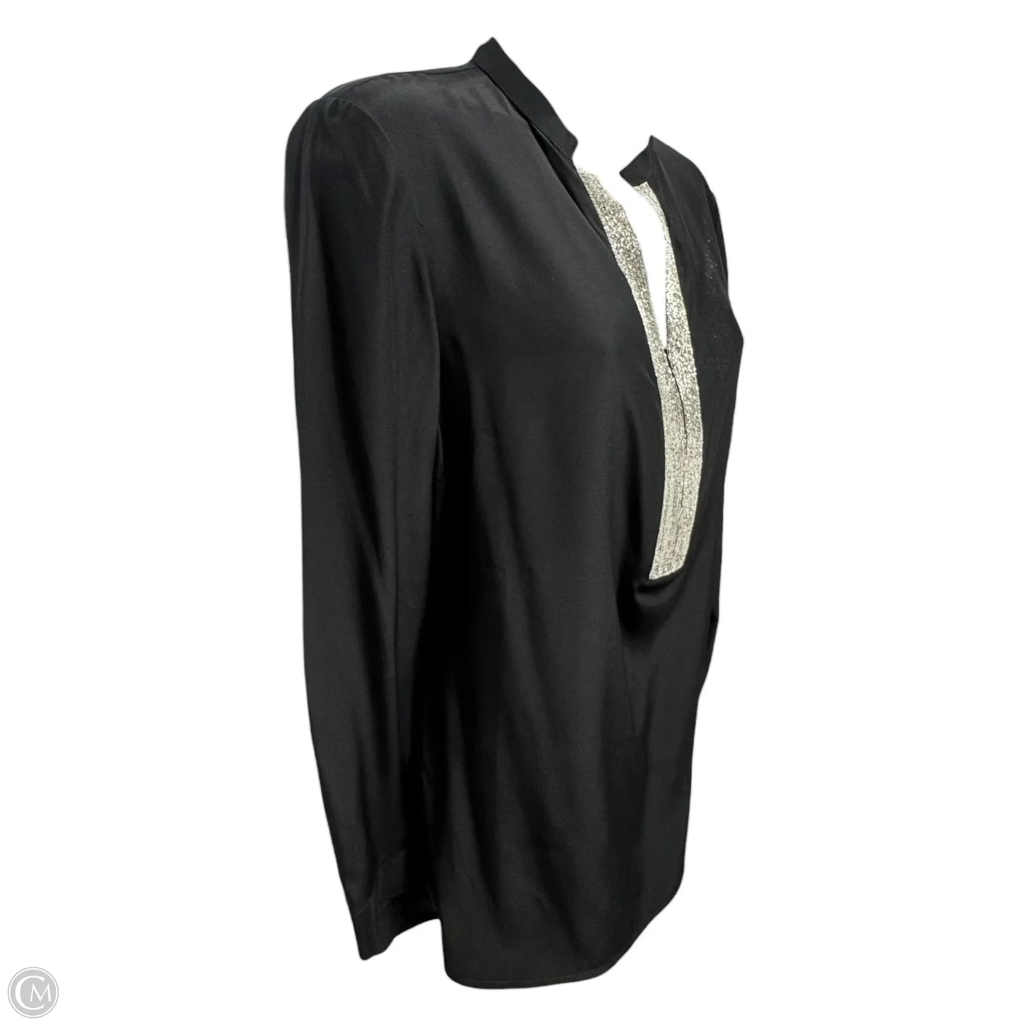 Silk Top Long Sleeve Designer By Lafayette 148 In Black & Silver, Size: S