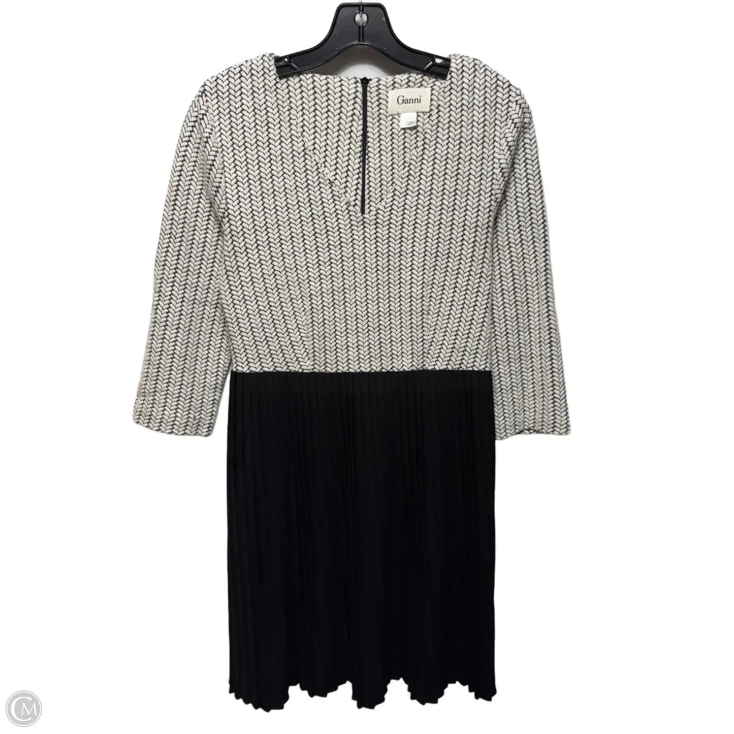 Chevron Jacquard Cross Knit Pleated Midi Dress By Ganni X Anthropologie In Black & White, Size: S