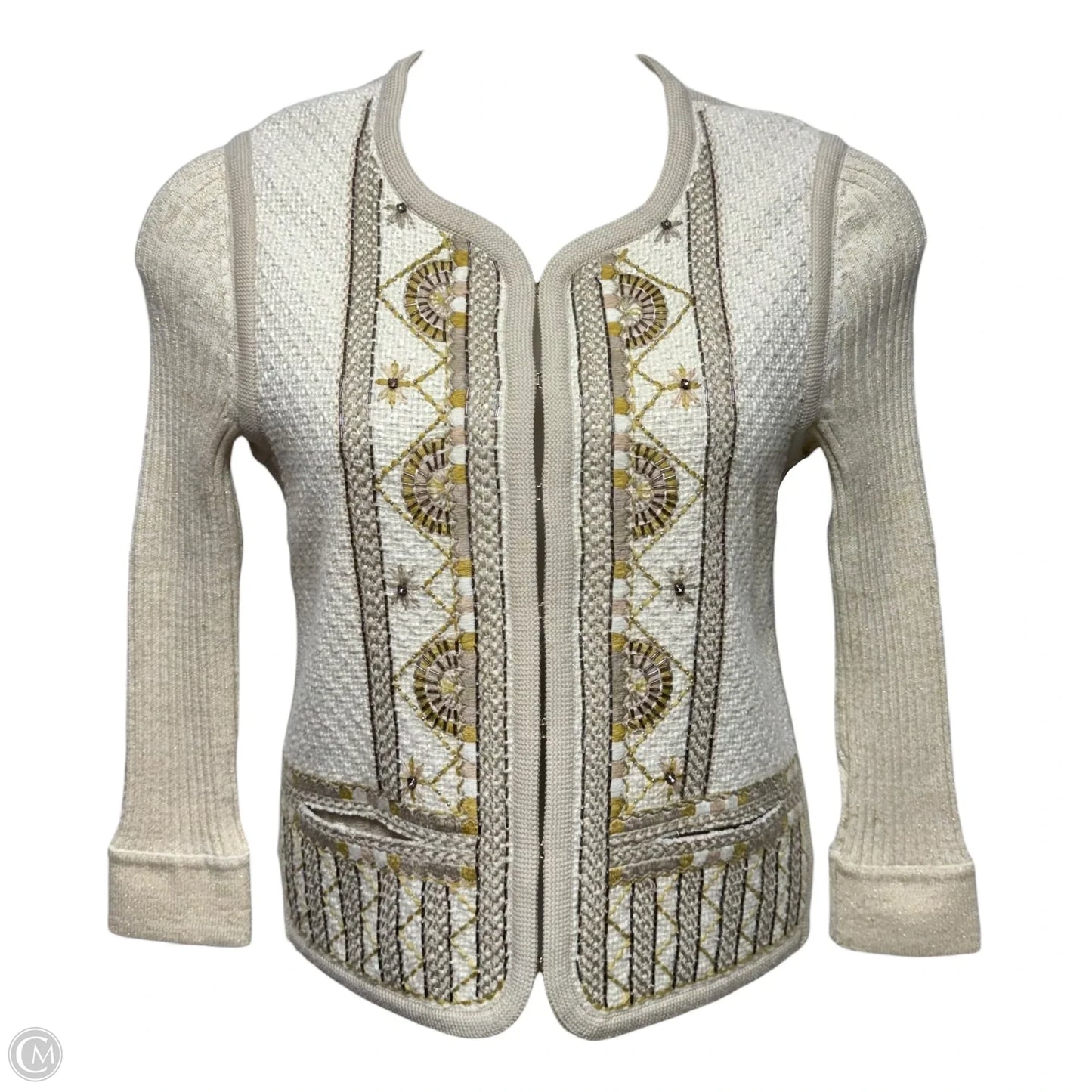 Beaded Embroidered Cardigan Sweater Designer By Tory Burch In Cream, Size: L