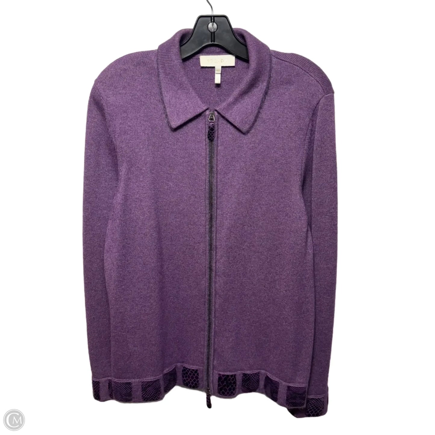 Made In Italy Cashmire Blend Zip Front Cardigan Sweater With Snakeskin Embellishment Designer By Escada In Purple, Size: L