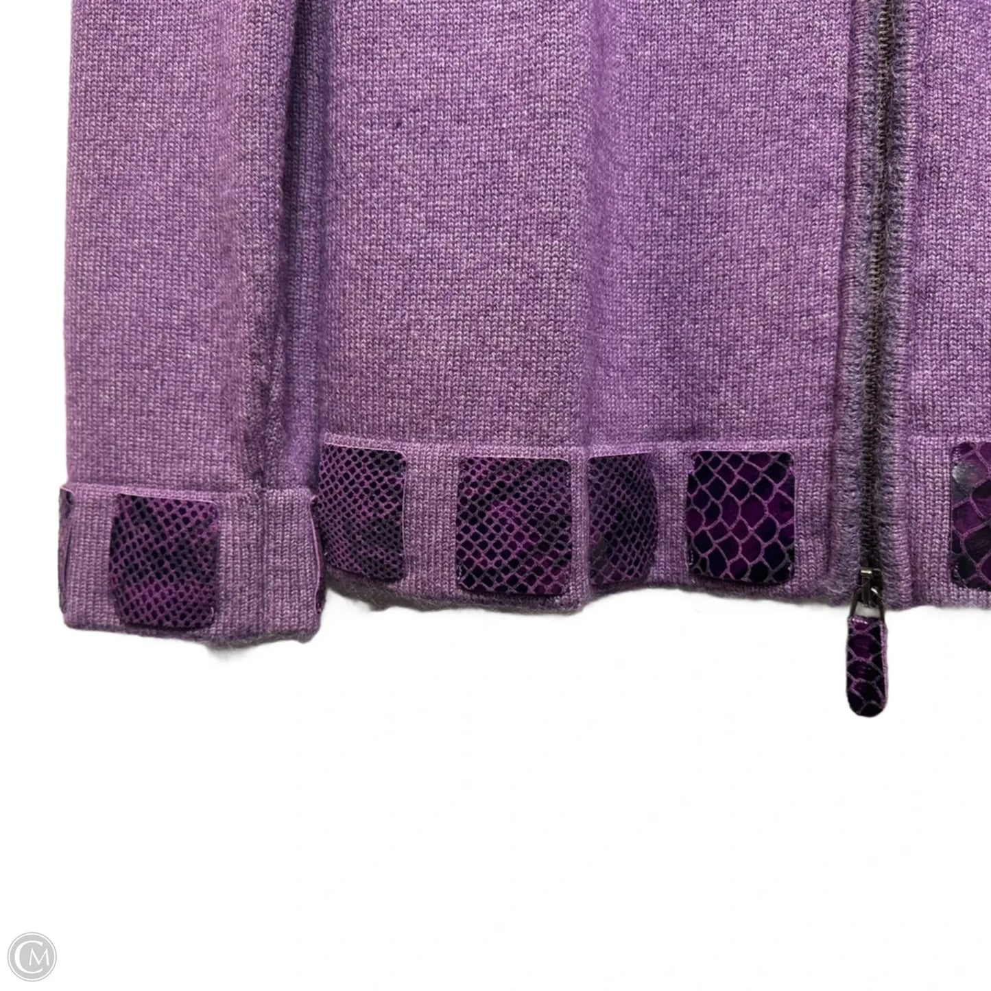 Made In Italy Cashmire Blend Zip Front Cardigan Sweater With Snakeskin Embellishment Designer By Escada In Purple, Size: L