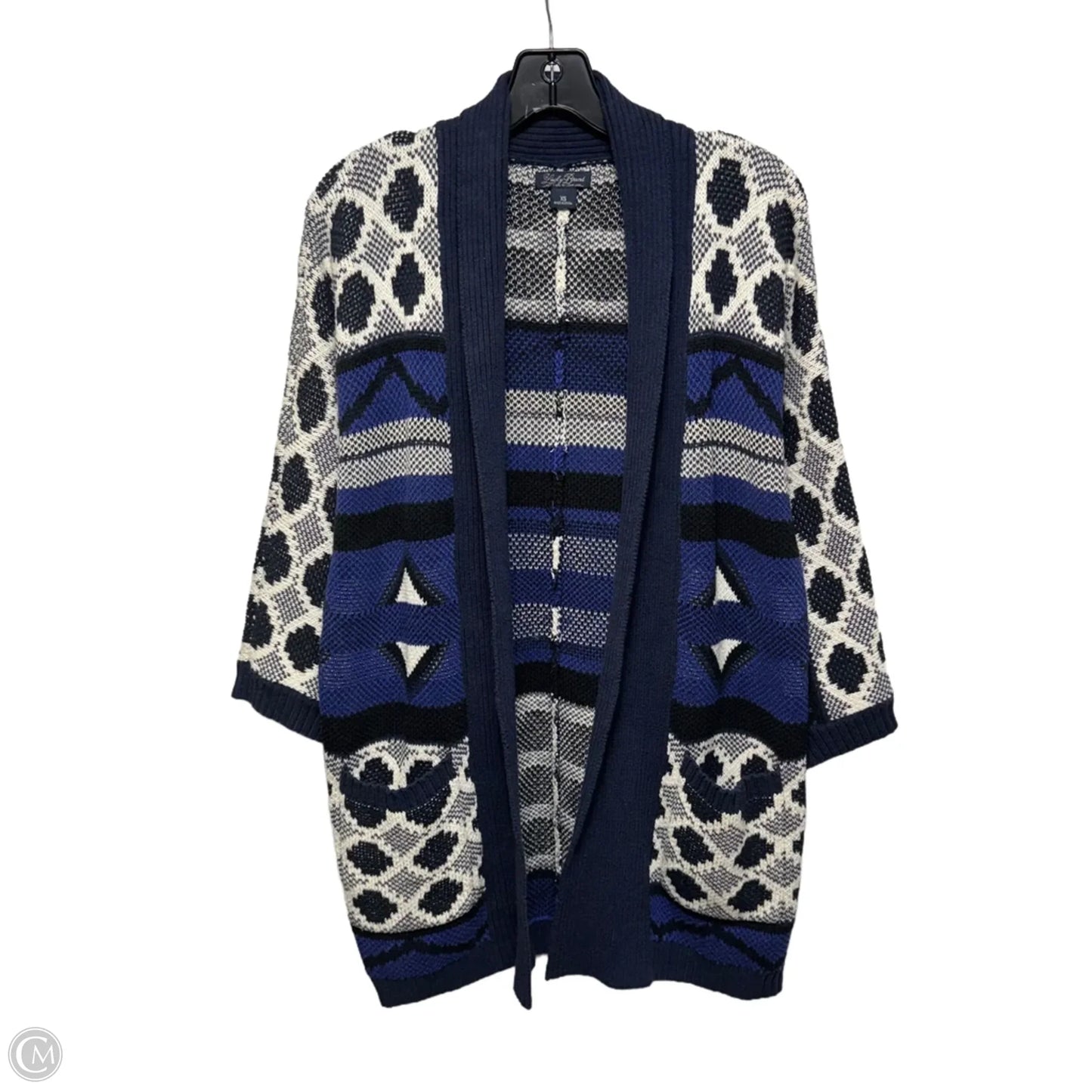 Intarsia Tribal Print Open Front Longline Cardigan Sweater By Lucky Brand In Blue & White, Size: XS