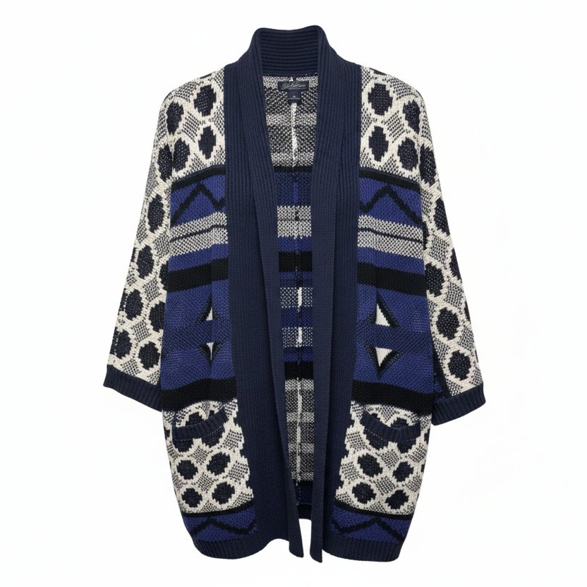 Intarsia Tribal Print Open Front Longline Cardigan Sweater By Lucky Brand In Blue & White, Size: XS