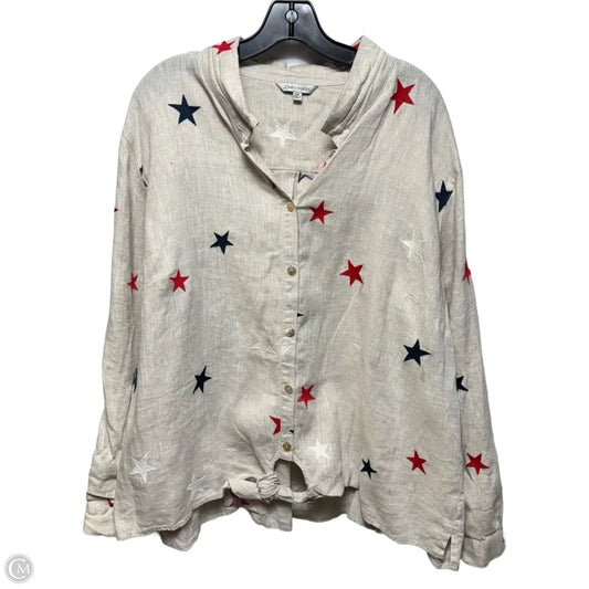 Linen Del Mar Star Embroidered Top Long Sleeve By John Mark In Multi-colored, Size: 2x