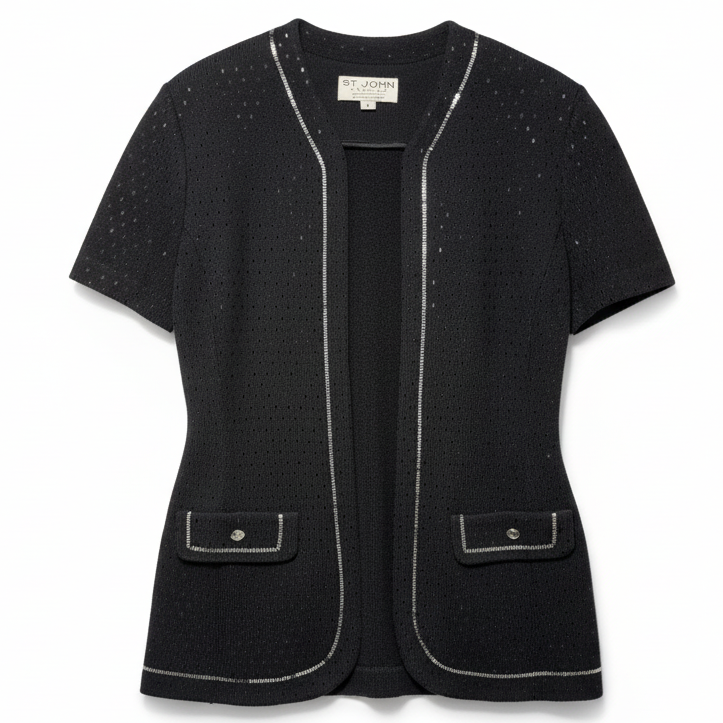 Paillette Short Sleeve Knit Blazer Luxury Designer By St John Collection In Black & Silver, Size: 6