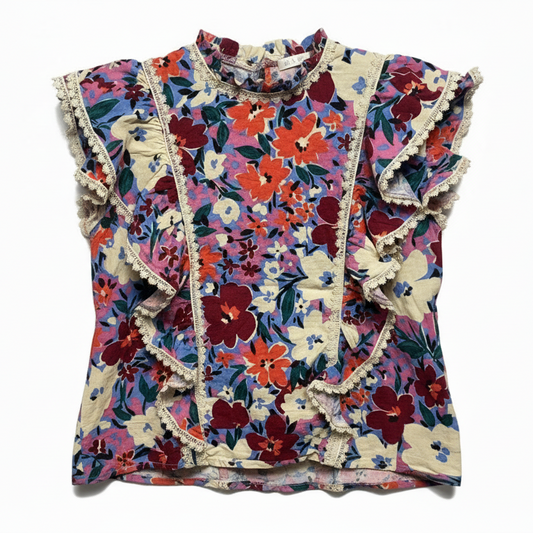 Linen Blend Flutter Sleeve Top By Karlie In Floral Print, Size: L