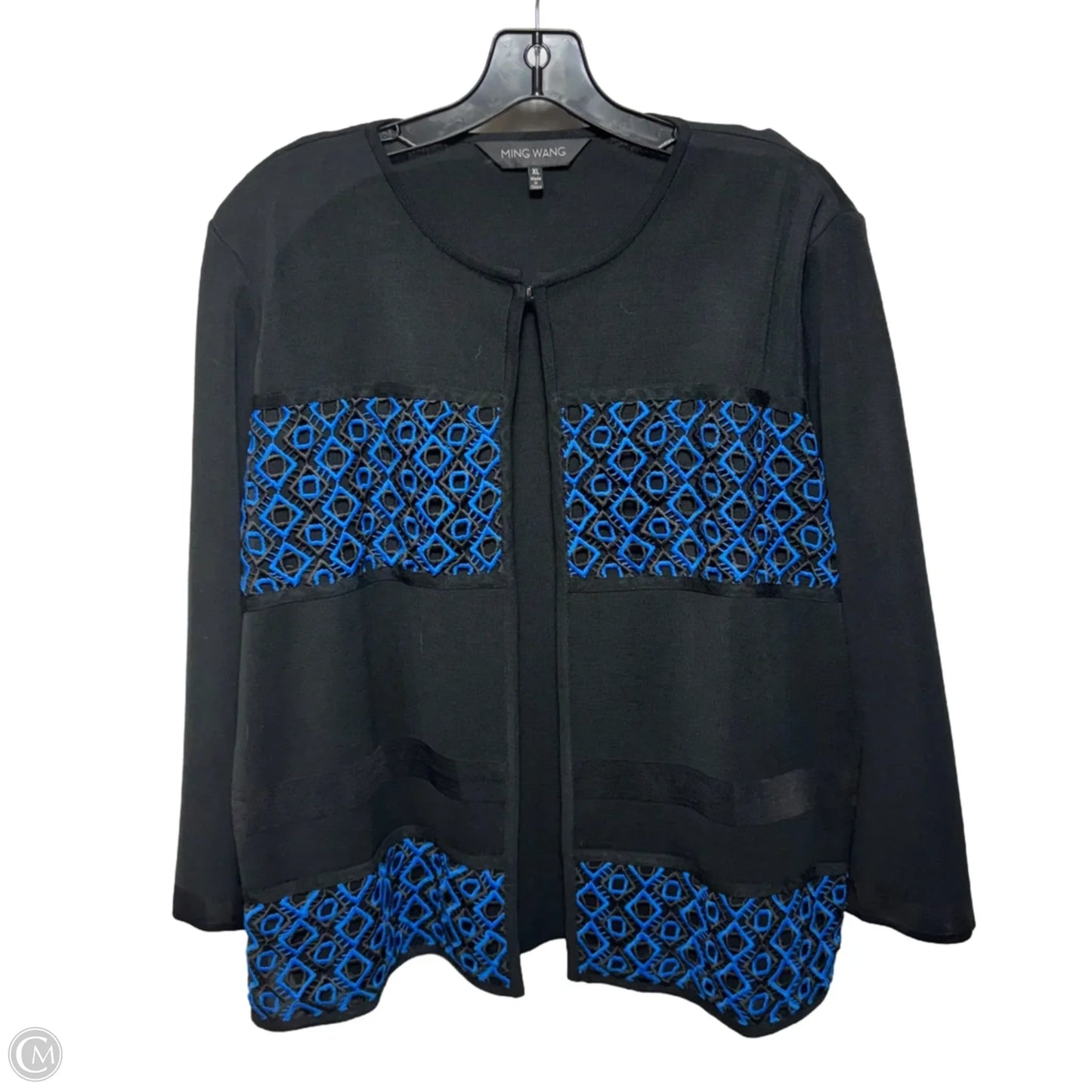 Lace Front Embroidered Crew Neck Knit Jacket By Ming Wang In Black & Blue, Size: XL