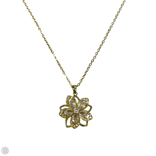 Gold Tone Spinning Flower CZ Pendant Necklace