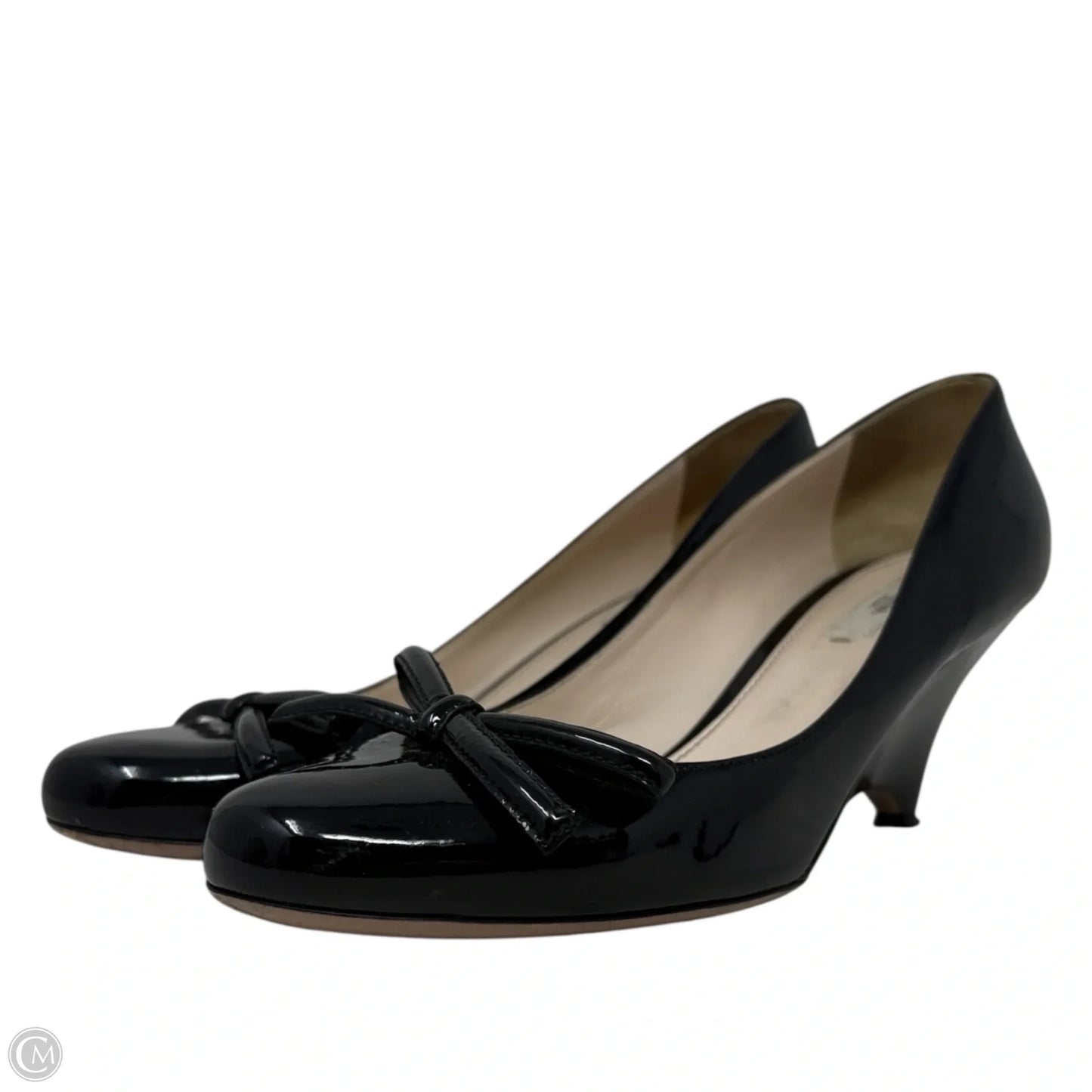 Patent Leather Bow Pumps Luxury Designer By Prada In Black, Size: 9 (IT 39)