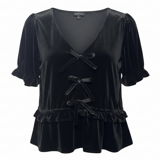 Velvet Bow Top Short Sleeve By Modern Works In Black, Size: L