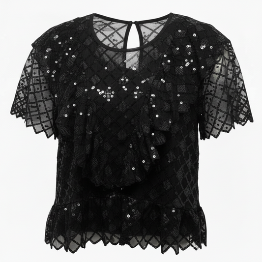 Semi-Sheer Sequin Top By Anthropologie In Black, Size: L