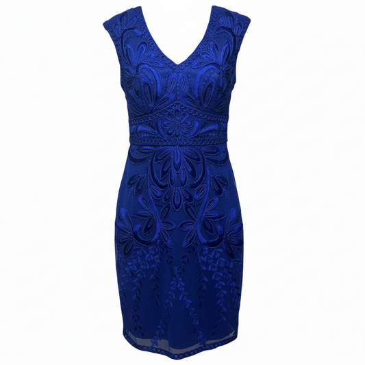 Embroidered Lace V- Neck Sheath Dress By Sue Wong In Blue, Size: 2