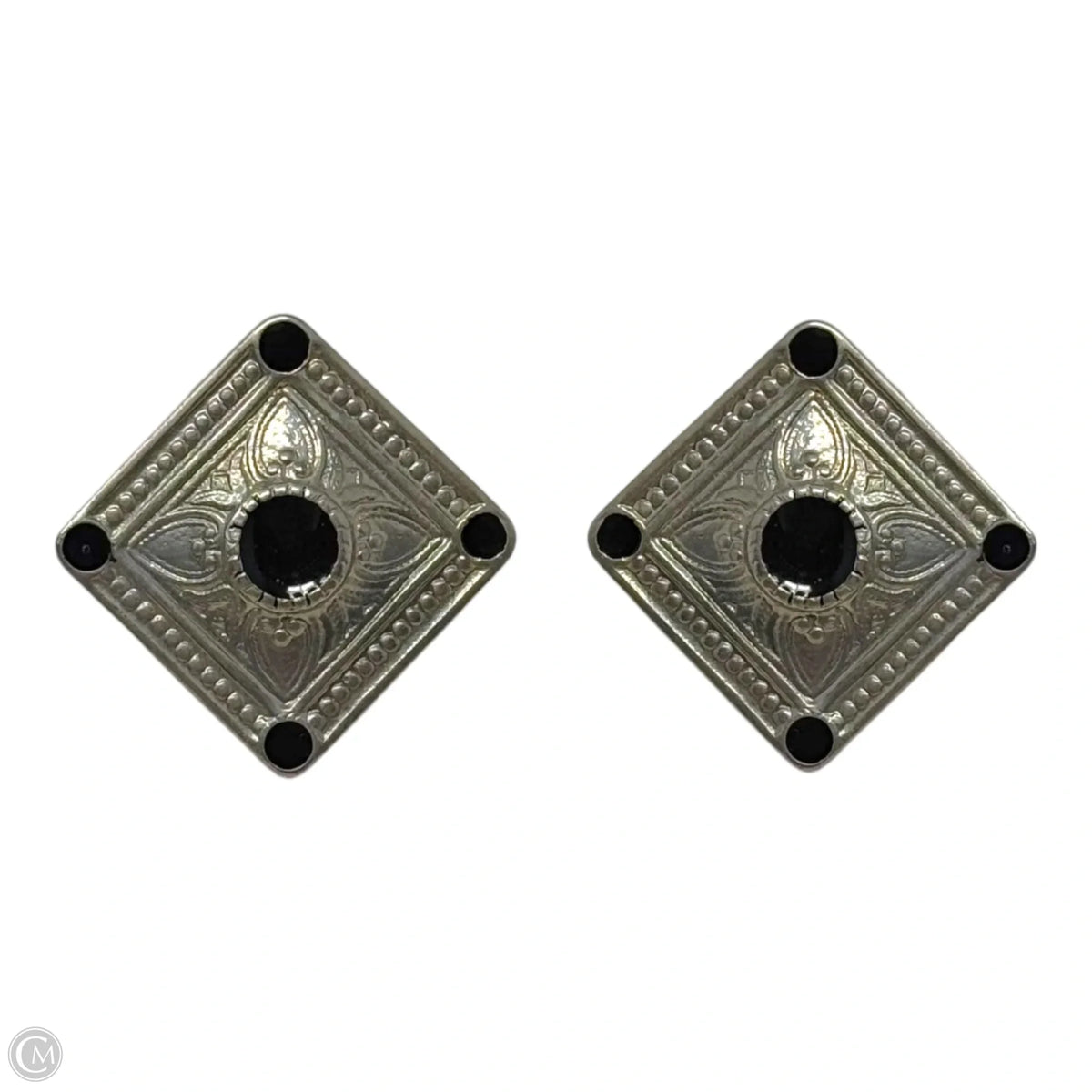 Black & Silver Tone Engraved Stud Earrings