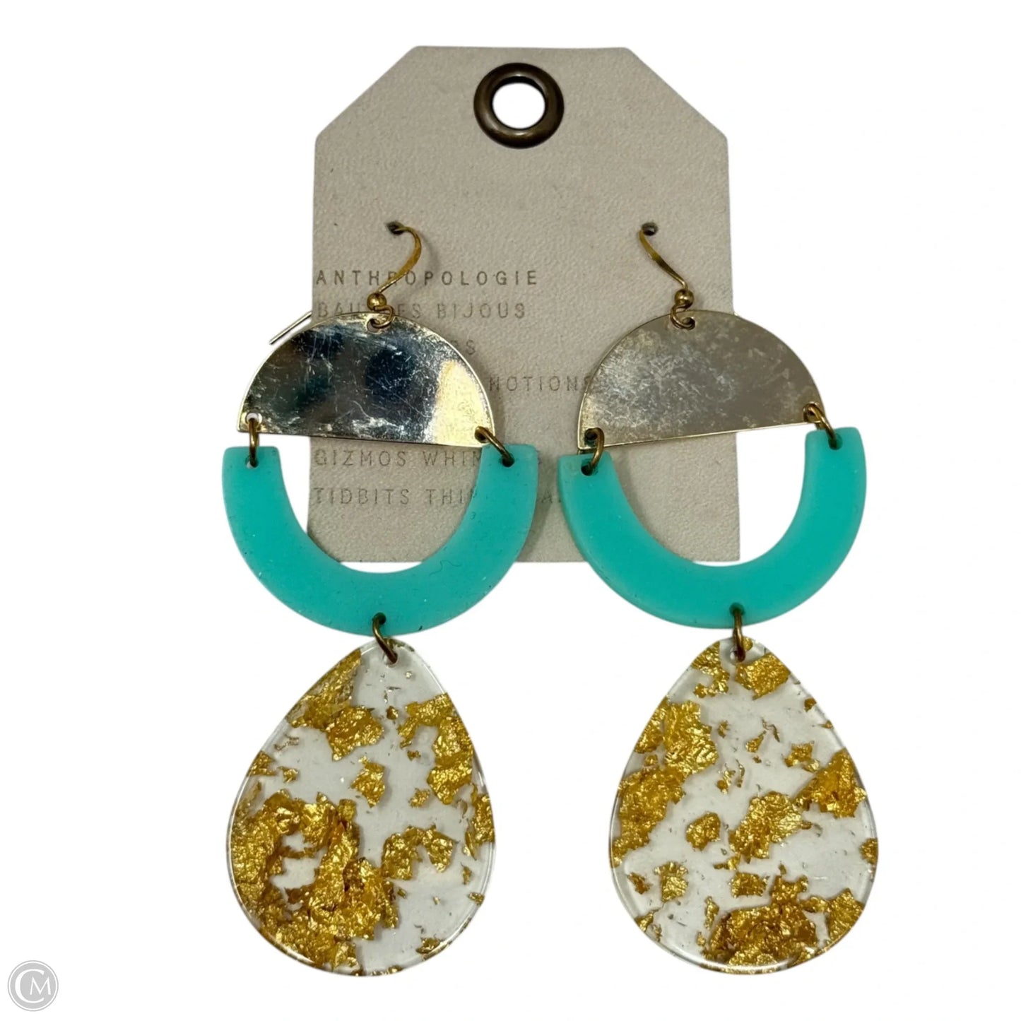 Three Tier Turquoise Tone Resin & Gold Foil Statement Earrings Dangle/drop By Anthropologie
