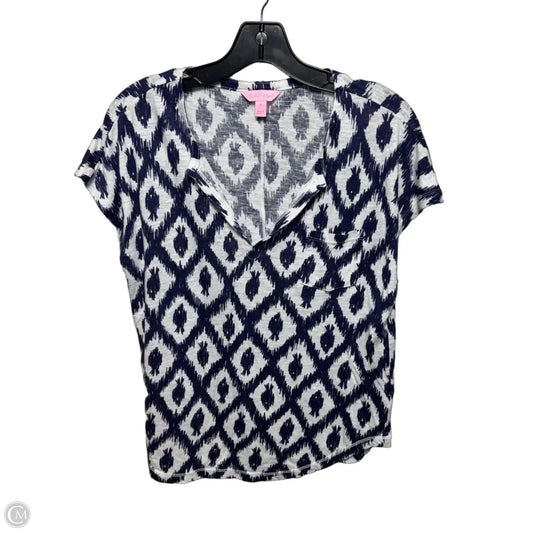 Linen Top Short Sleeve Designer By Lilly Pulitzer In Blue & White, Size: S