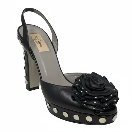Rosette Studded Platform Slingback Sandals Luxury Designer By Valentino Garavani In Black & Silver, Size: 8.5