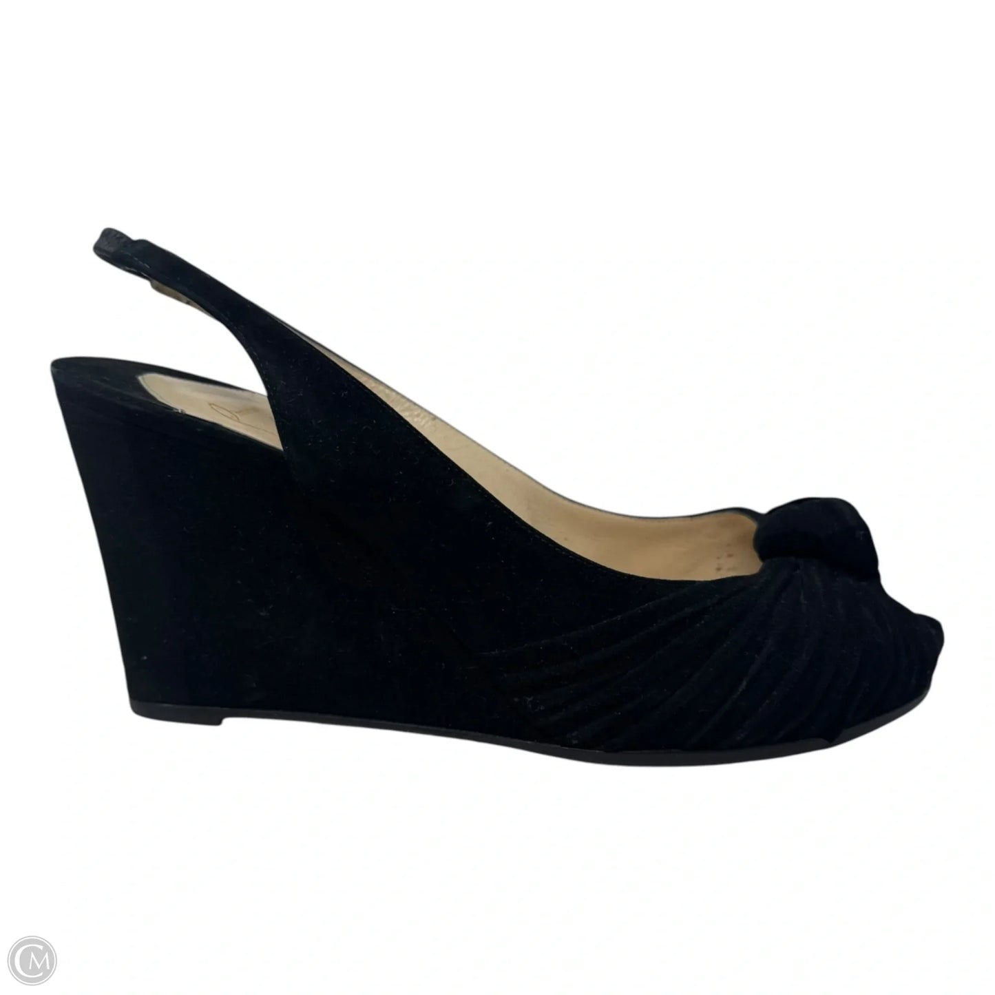 Suede Slingback Wedge Peep Toe Pumps Luxury Designer By Christian Louboutin In Black, Size: 10 (40.5)