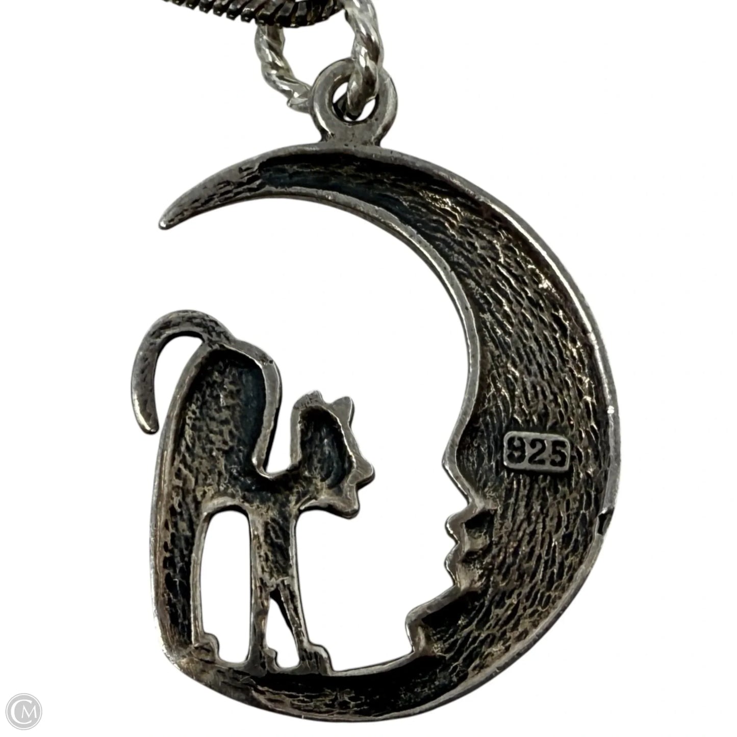 Sterling Silver Cat In Crescent Moon Pendant Necklace