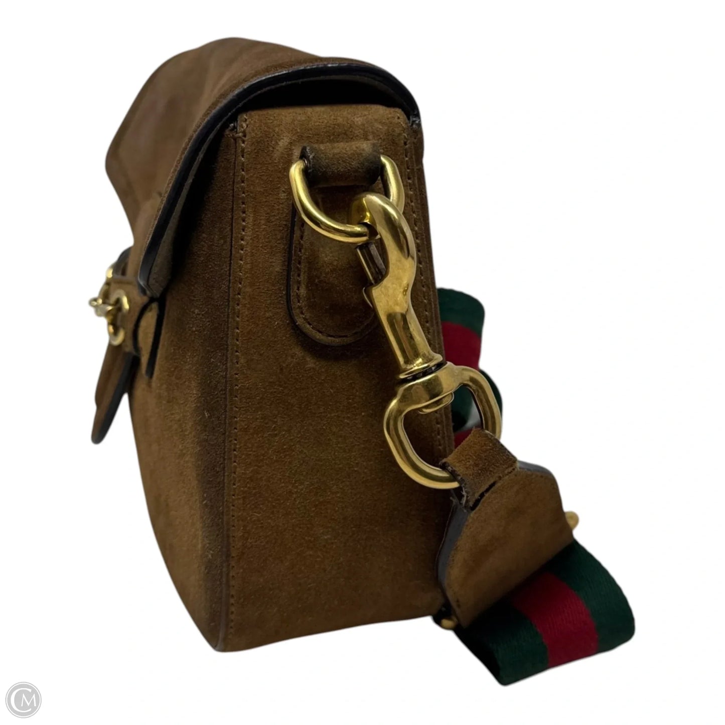 Lady Web Shoulder Bag In New Marron Suede With Antique Gold Horsebit Hardware Luxury Designer By Gucci, Size: Medium